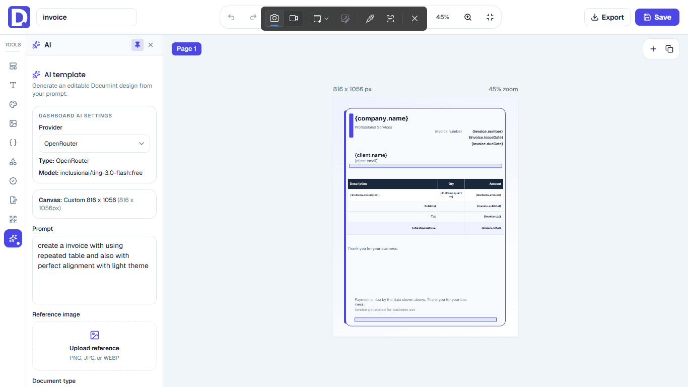AI-generated template opened in Documint editor